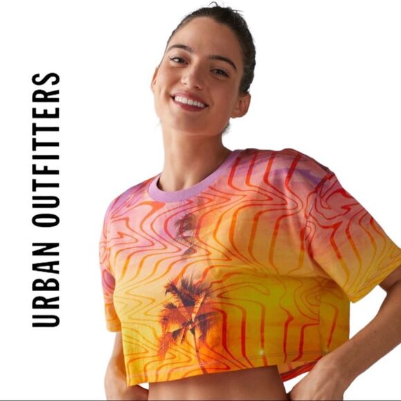 NEW Urban Outfitters UO Palm Trees Pink Yellow Cropped Shirt Tee XL / XXL - Picture 2 of 3